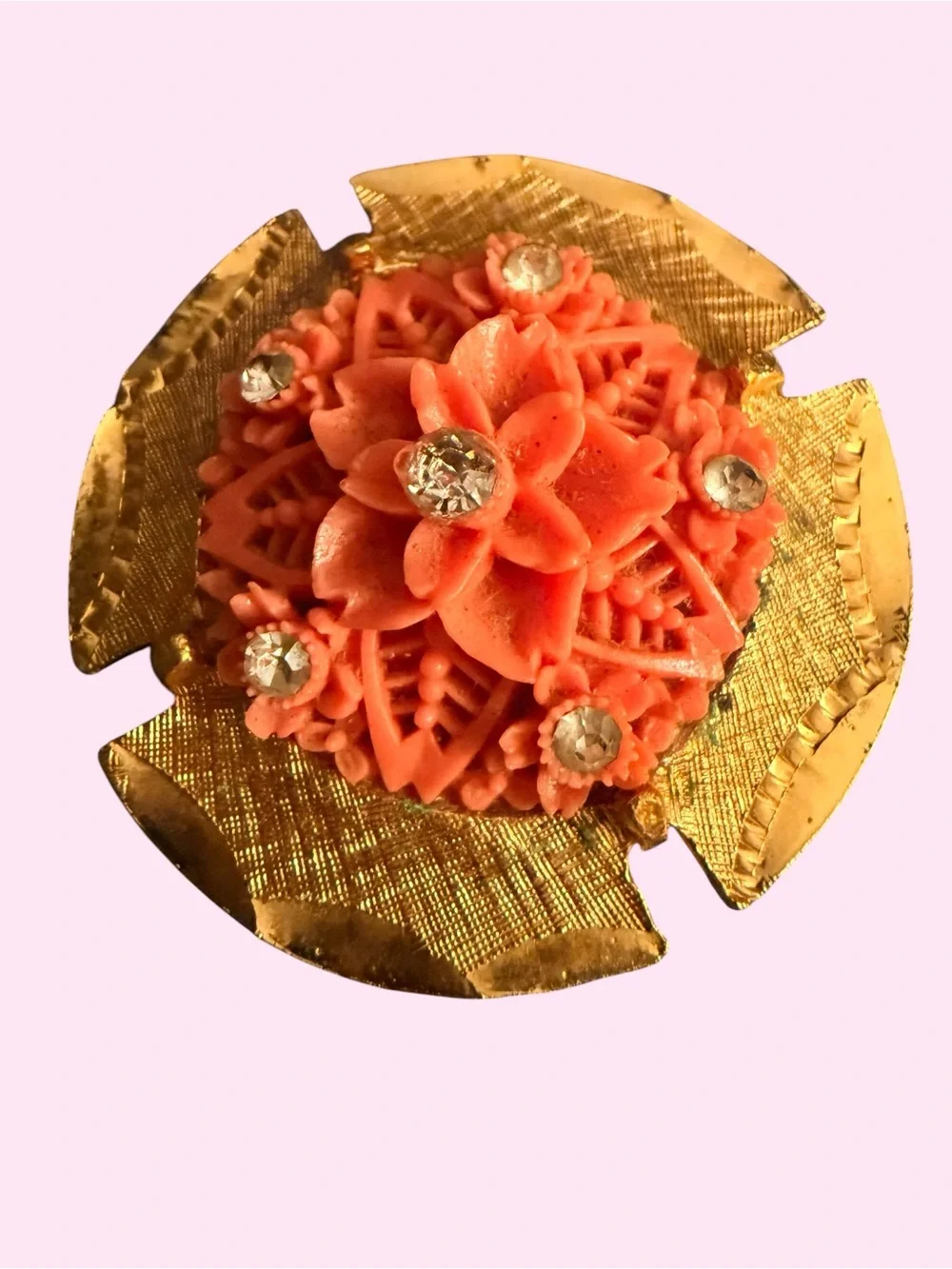 Vintage Coral-Orange Floral Brooch • Gold-Tone Statement Pin • Rhinestone Accent